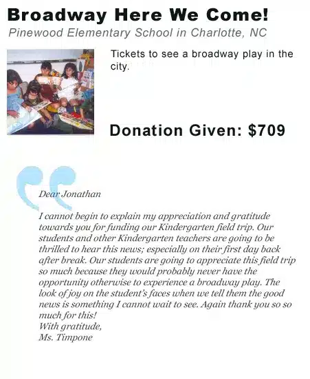 Broadway donation thank you letter school