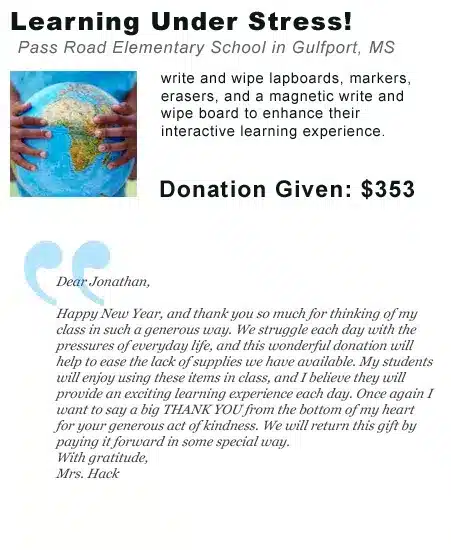 Learning supplies donation thank you letter