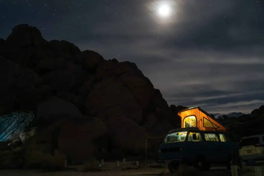 Camper van parked at night