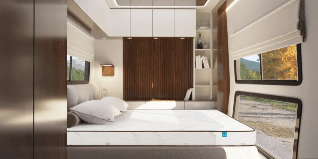 Elation RV mattress side view in luxury RV bedroom interior