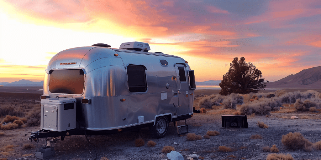 Airstream Bambi trailer desert sunset