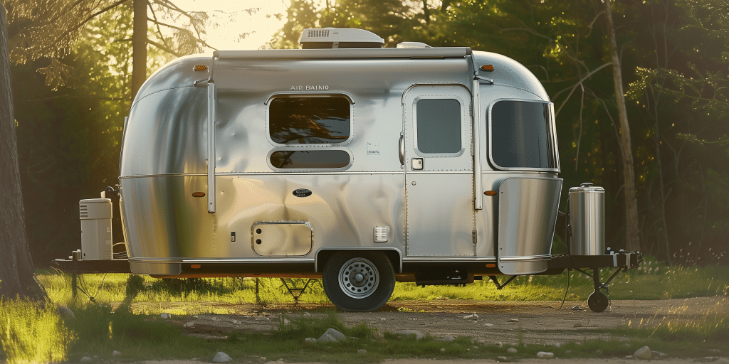 Airstream Caravel trailer in forest