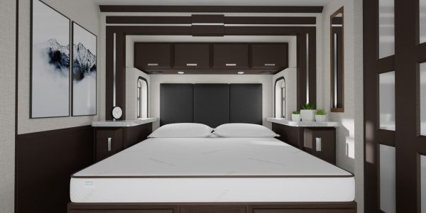 Gel foam RV mattress laying on platform in RV bedroom