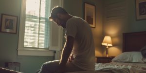 Man with back pain on mattress