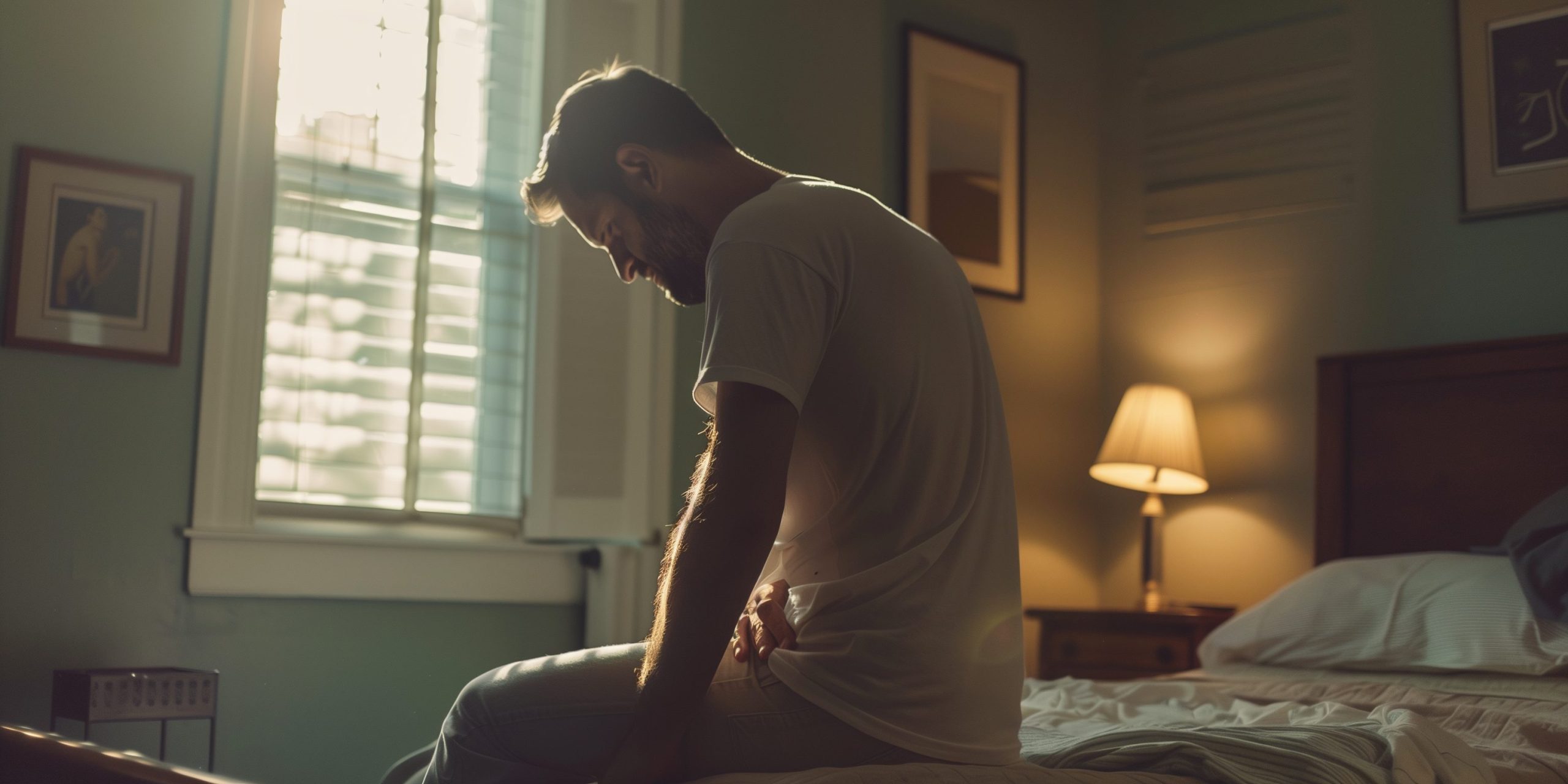 Man with back pain on mattress