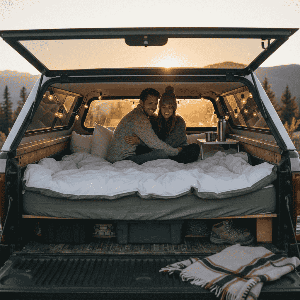 Happy-couple-truck-bed-camping